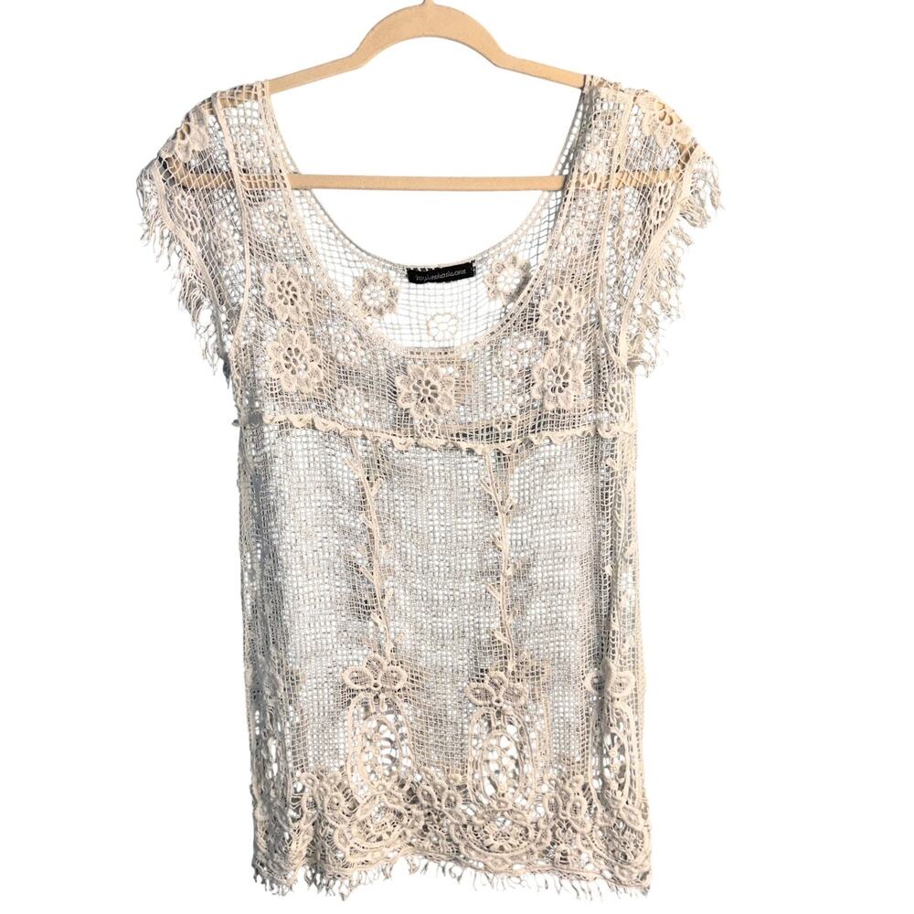 You Are Not Alone Crochet Lace Top Boho Sheer Floral Fringe OS Beachy Coverup